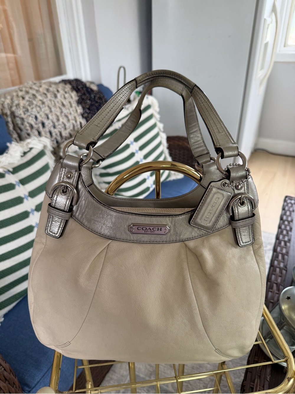 Coach Beige Leather Shoulder Bag with Metallic Taupe Trim